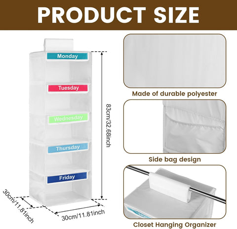 Weekly Clothes Organiser for Kids, 5-Shelf Hanging Storage Organiser for Daily Clothing, Day of the Week Children Clothes Organizer, Monday to Friday Wardrobe Storage for School Uniform Hats (White)