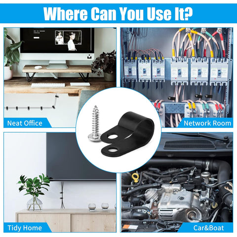 Aroidful 100pcs R Type Nylon Cable Clips,3/8inch Black Cable Cleats,Cable Tidy Clips,P Clips with Stainless Steel Screws,Cable Clips Outdoor for Home and Office