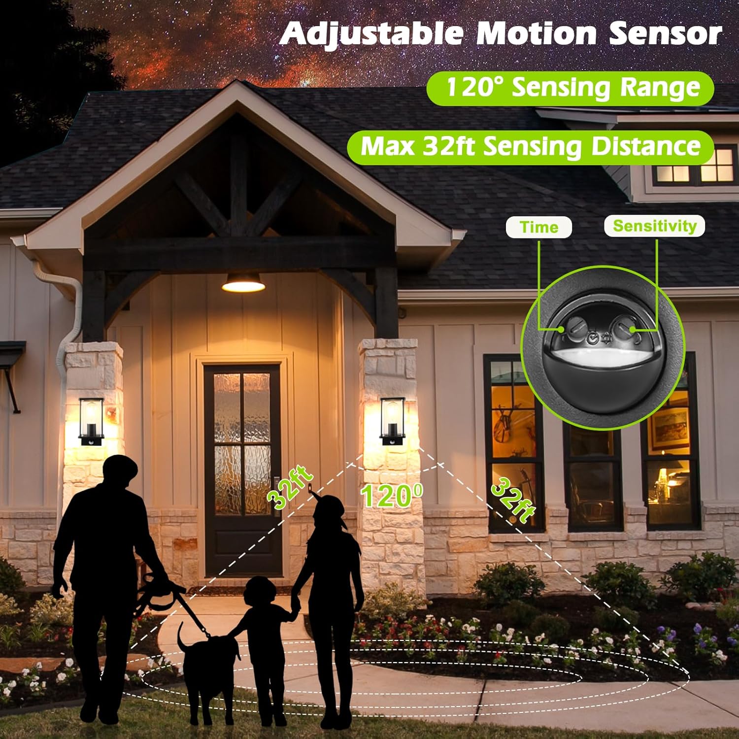 Outdoor scene with a house, people, and a dog, featuring an adjustable motion sensor with text on sensing range and distance.