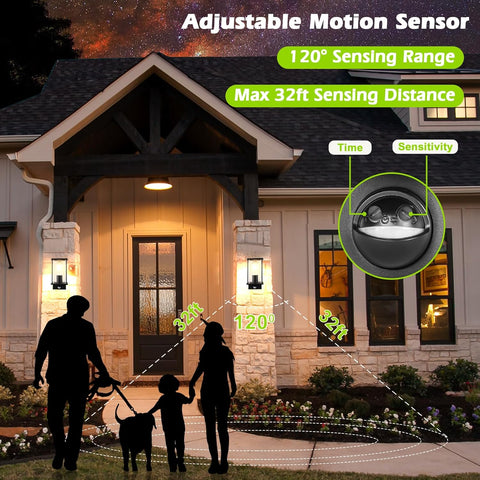 Outdoor scene with a house, people, and a dog, featuring an adjustable motion sensor with text on sensing range and distance.