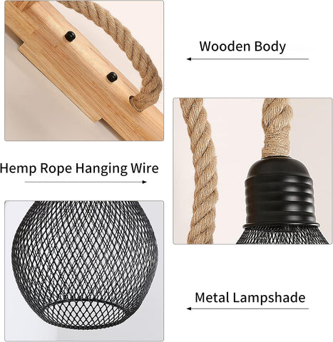 Wooden Wall Light with Hemp Rope, Industrial Wall Sconce Light Indoor, Metal Black Wall Lamp with E27 Socket for Living Room, Bedroom, Hallway, Corridor, Cafe Bar