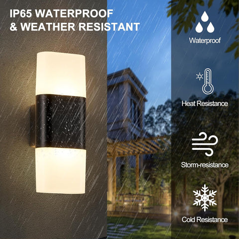 Outdoor wall light fixture with rain simulation, labeled as IP65 waterproof and weather resistant.
