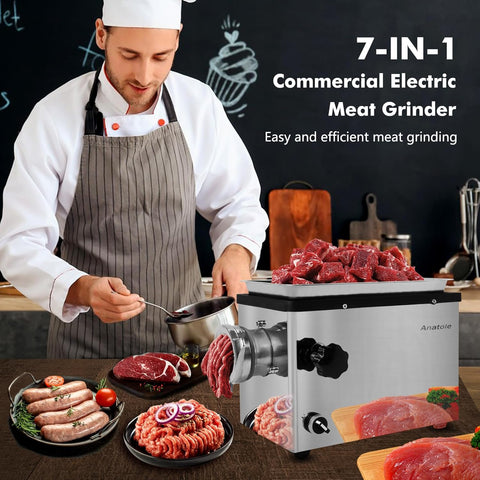 Anatole 1300W Electric Meat Grinder – Stainless Steel Mincer with 6 Grinding Plates (4–12mm), 4 Blades & Sausage Stuffer