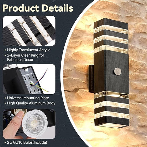 PIR Outdoor Wall Lights with Motion Sensor, Modern GU10 LED Up Down Outside Lights Mains Powered, IP67 Waterproof External Lighting Exterior Sconce Lamp for Front Door, Porch, Hallway