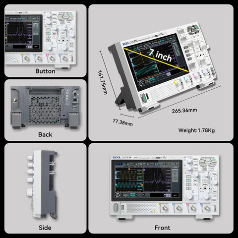 RIGOL DHO814 Portable Digital Oscilloscope, 100MHz Bandwidth, 4 Analogue Channels, 12bit Vertical Resolution, Low Noise Floor, Mobile Power Supply Supportable