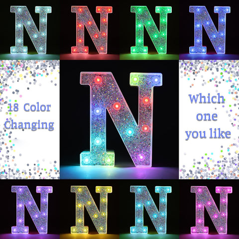 N Style Color Changing LED Letter Light, Glitter Marquee Lamp with 18 Colors, Remote Controlled, Battery Powered Decorative Letter Light for Party, Wedding, Birthday and Home Decor