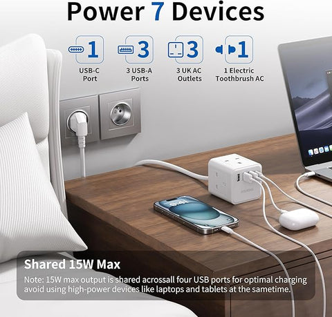 UK to European Plug Adapter with 1.5M Extension Lead – 4 Way Travel Extension with 4 USB Ports Type E/F Adaptor