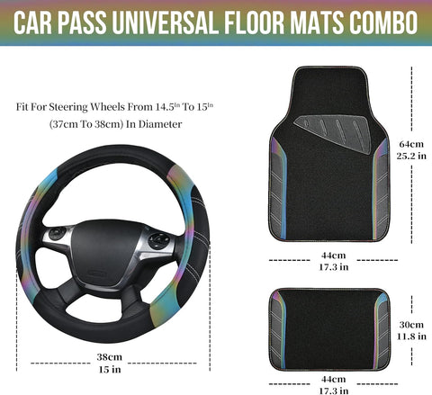 Leather Steering Wheel Cover and Waterproof Car Floor Mats Combo