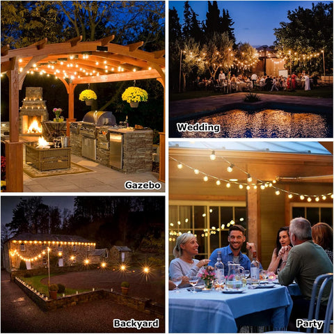 Collage of outdoor settings including a gazebo, wedding scene, backyard, and party with string lights.