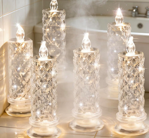 Crystal LED Flameless Candles Set of 6, Diamond-Cut Decorative Glass Candle Holders with Flickering Light for Wedding, Christmas & Holiday Table Décor
