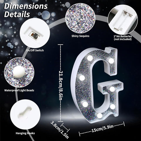 Letter G Style LED Marquee Lamp, Silver Glitter Light Up Letter Sign, Battery Powered Tabletop Decorative Marquee Light with On/Off Switch for Wedding, Birthday, Party and Home Decor