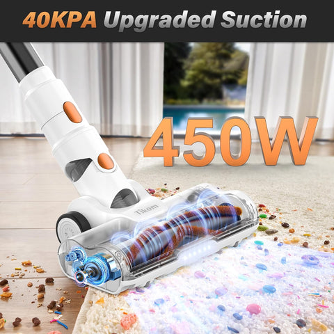Tikom V500 Cordless Vacuum Cleaner 450W 40KPa Powerful Stick Vac with LED Display, Wall Dock, Handheld for Pet Hair & Floors