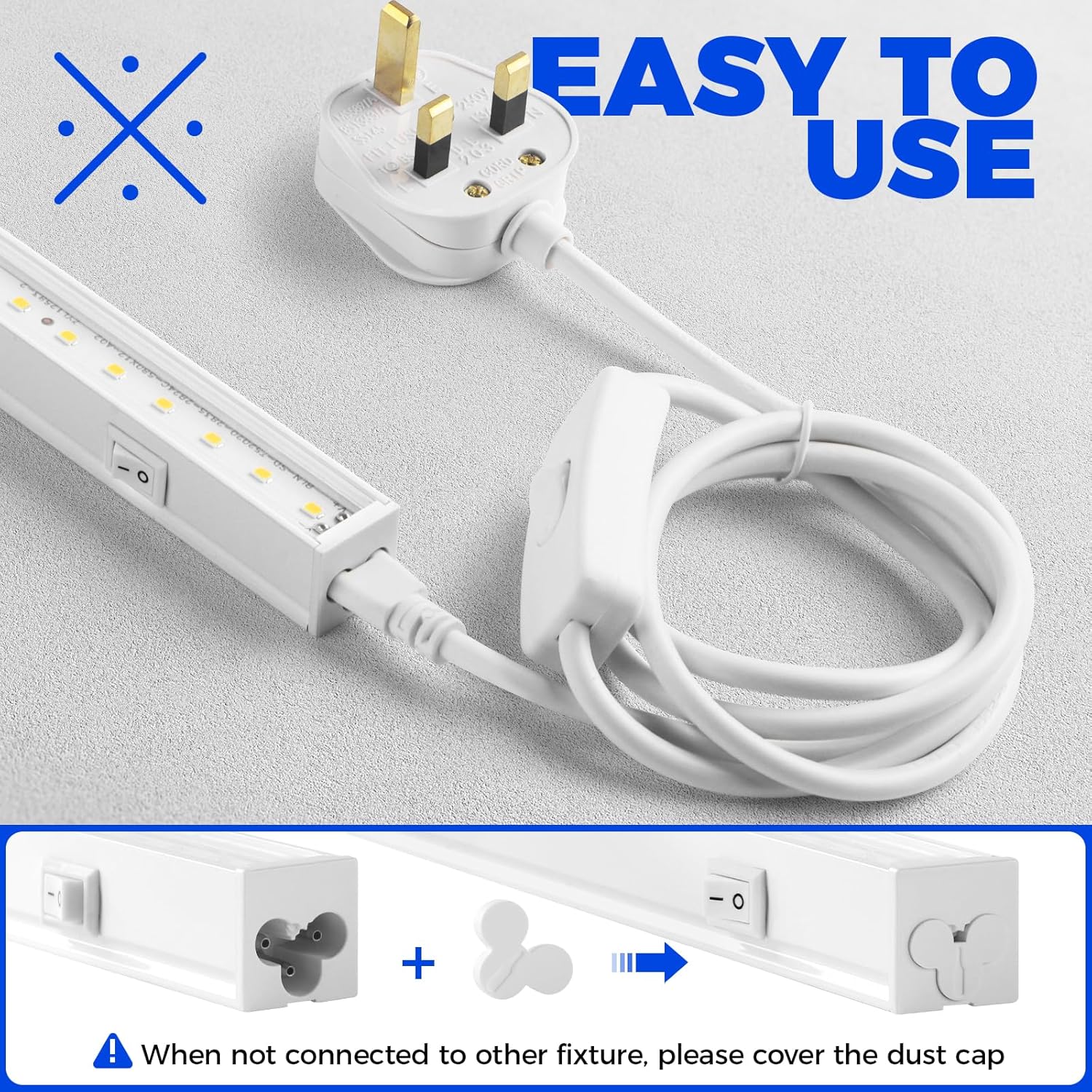 White LED strip light with plug and cable on a gray background, labeled 'Easy to Use'.