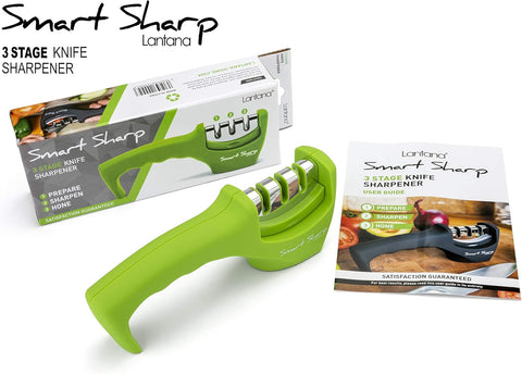 Smart Sharp 3-Stage Professional Knife Sharpener – Manual Kitchen Knife Sharpener with Ceramic Stone, Tungsten Carbide & Diamond Rods – Non-Slip Ergonomic Handle (Green)
