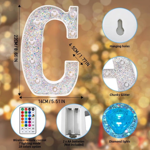 C Style Color Changing LED Letter Light, Glitter Marquee Lamp with 18 Colors, Remote Controlled, Battery Powered Decorative Letter Light for Party, Wedding, Birthday and Home Decor