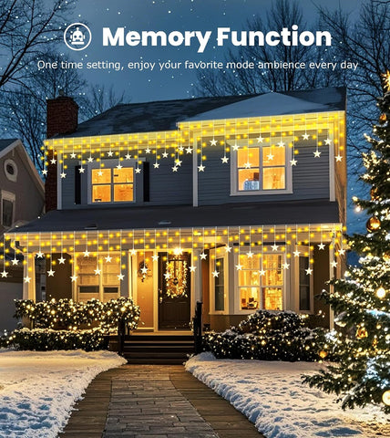 ULIGHTOWN 9M Star Icicle Outdoor Christmas Lights – 180 Warm White LEDs, 8 Modes, Timer & IP44 Water Resistant for Eaves, Windows & Festive Decor - Turn Your Home Into a Little Winter Wonderland