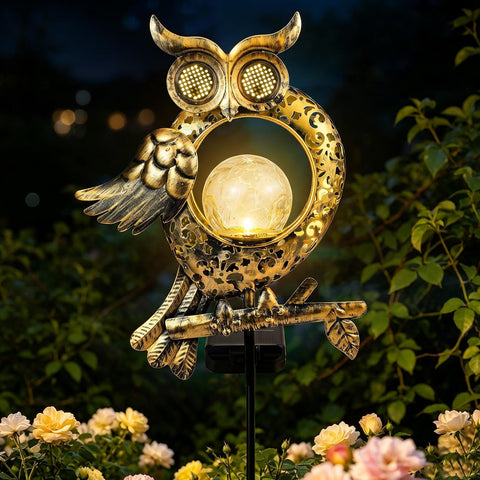 Solar Lights Outdoor Garden, Waterproof Solar Owl Lights, Owl Garden Solar Lights, LED Crackle Glass Ball Dynamic Eye Lighting for Patio, Pathway, Garden Decorations, Birthday Gifts for Women, Mum