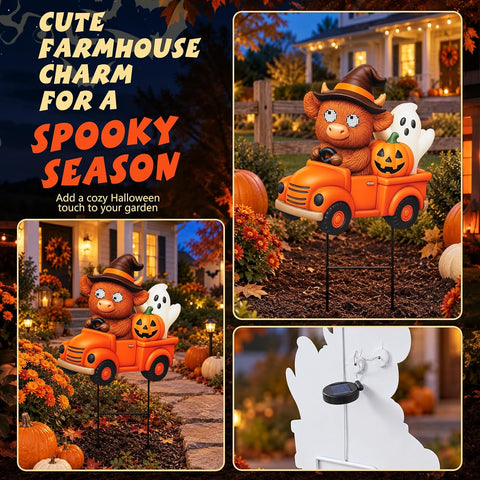 Halloween Highland Cow Solar Yard Stake Light with Moving Eyes, Waterproof Halloween Metal Yard Stake Decorations, Cute Spooky Cow Ghost Pumpkin Truck Garden Decor for Lawn Patio Pathway