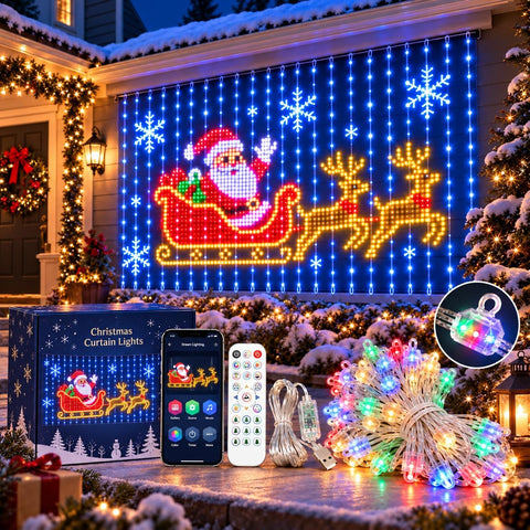 Smart LED Curtain Lights Christmas – RGB Outdoor Curtain Fairy Lights with Bluetooth App, Remote Control & IP65 Weather Resistance - Turn a Plain Wall Into a Festive Light Show