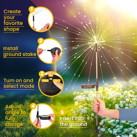 GIGALUMI Solar Lights Outdoor Garden, Solar Firework Lights 120 LEDs 4 Packs, Starburst Light Waterproof for Yard Lawn Party Patio Wedding Decor(Warm White)