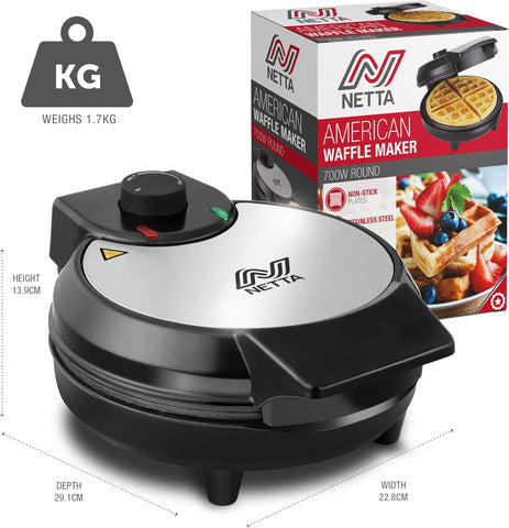 NETTA 700W Deep Fill Waffle Maker – Adjustable Temperature Control, Non-Stick Coating, Belgian & American Style Round Iron