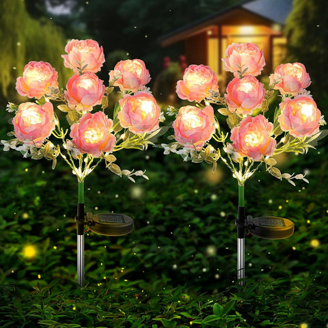 Joyoldelf Solar Lights Outdoor Waterproof, 2 Pack Pink Peony Flower Garden Lights with 7 Flowers, Warm White Decorative Pathway Lighting for Yard Patio Driveway, Solar Powered Landscape Lamp