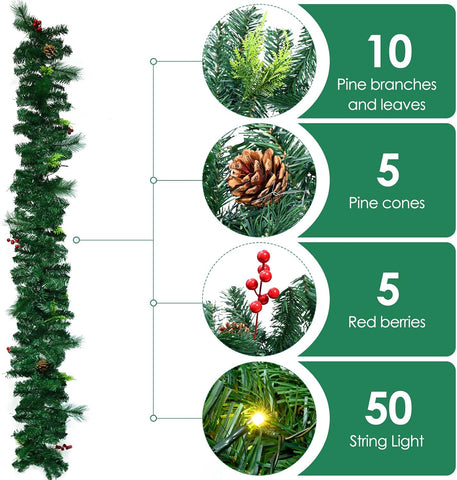 Christmas Garland with Lights 1.8M for Stair and Fireplace