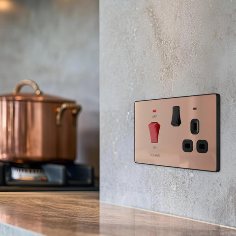 BG Electrical Cooker Switch with Socket and LED, Cooker Control Unit, Control Socket, Double Pole, Screwless Front Plate, Evolve, Polished Copper, 45A, PCDCP70B