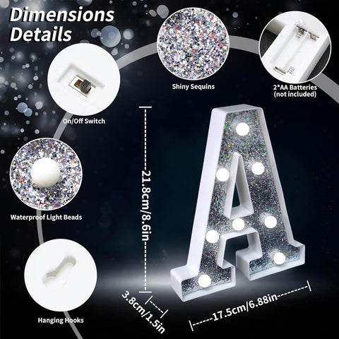 A Style LED Marquee Lamp, Silver Glitter Light Up Letter Sign, Battery Powered Tabletop Decorative Letter Light with On/Off Switch for Wedding, Birthday, Party and Home Decor