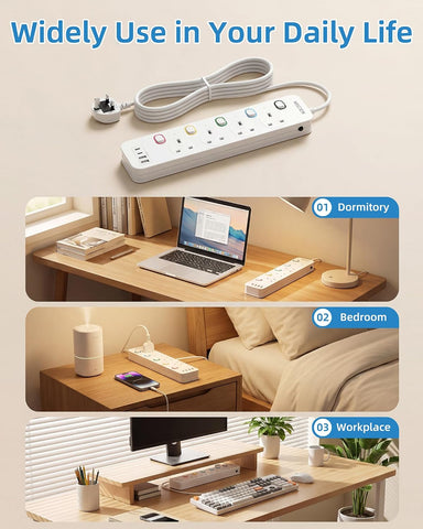 Mscien 1M 4 Way Extension Lead with 4 USB Ports & Individual Switches – Wall Mountable Power Strip for TVs, Routers, Computers & Chargers - Keep Every Connection Neat, Close and Under Control