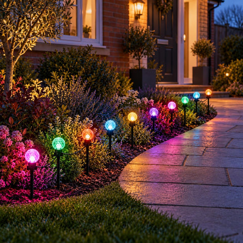 Festive Lights - 10 Colour Changing Diamond Ball Garden Stake Lights - 40 LED, 4.5m Lit Length, 8m Black Lead, 11 Functions, Mains Powered, IP44 Indoor Outdoor Decoration for Lawn, Pathway, Border