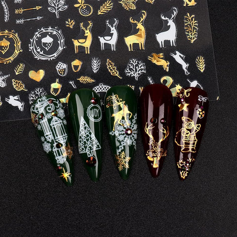 9 Sheets Christmas Nail Art Stickers Gold & White – Self-Adhesive Reindeer
