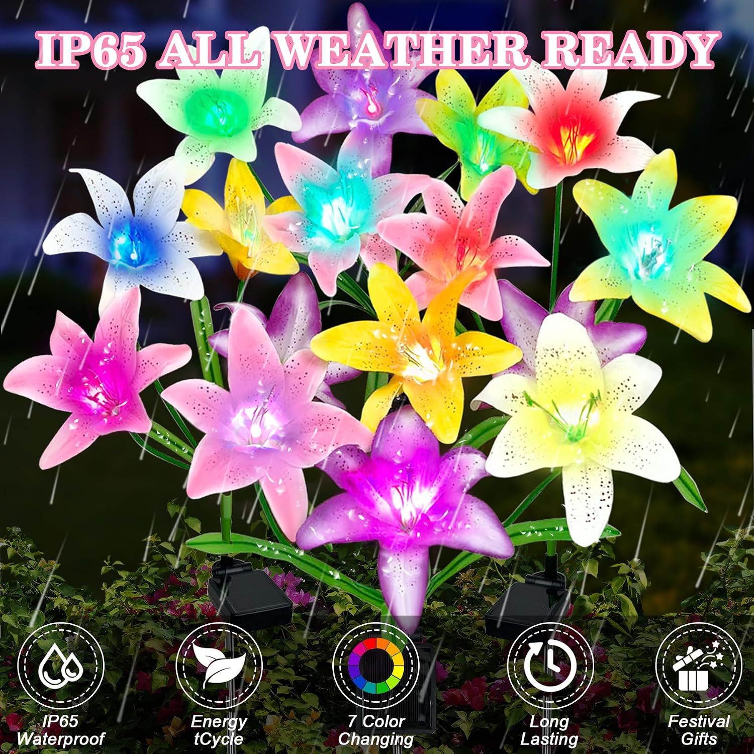VEEKAY 4 Pack Solar Outdoor Garden Lights, 16 LED Lily Flower Shaped, Multicoloured, Warm White, IP65 Waterproof, Adjustable Stems & Leaves, Outdoor Garden, Patio, Walkways