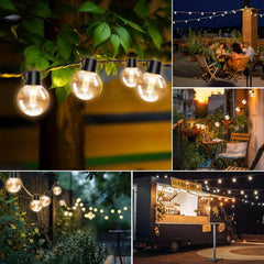 Warm white A60 LED bulbs hanging in an outdoor area

