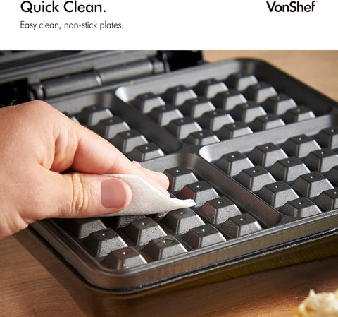 Large 4-Slice Waffle Maker – 1100W Belgian & American Waffles, Non-Stick Plates, Cool Touch Handle, Silver, Easy Clean