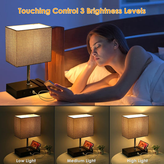 USB Table Lamp, Touch Control Bedside Lamp with 2 Fast Charging USB Ports, Grey Dimmable Nightstand Lamp with 2 Phone Stand for Bedroom, Living Room,Study