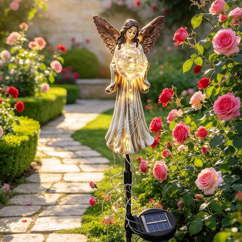 Pathway Solar Lighting Angel Lawn Statue Patio Memorial Ornament,
