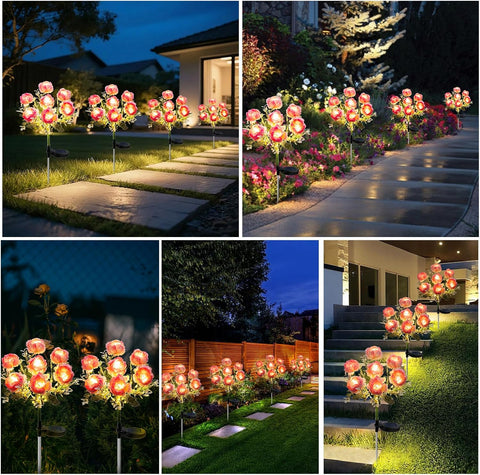 Joyoldelf Solar Lights Outdoor Waterproof, 2 Pack Pink Peony Flower Garden Lights with 7 Flowers, Warm White Decorative Pathway Lighting for Yard Patio Driveway, Solar Powered Landscape Lamp