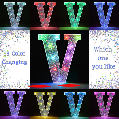 V Style Color Changing LED Letter Light, Glitter Marquee Lamp with 18 Colors, Remote Controlled, Battery Powered Decorative Letter Light for Party, Wedding, Birthday and Home Decor