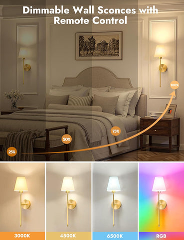 5200mAh Battery Operated Wireless Wall Lights Set of 2, 60CM Rechargeable Wall Lights with Dimmable Detachable Bulbs and Remote, 12-Color Wall Sconce Lighs for Bedroom Living Room Gold