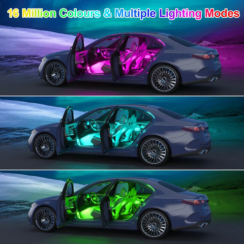 Car LED Interior Lights – RGB Ambient Lighting with APP Control, 16 Million Colours, USB Powered, Music Sync & Memory Function for Universal Vehicles