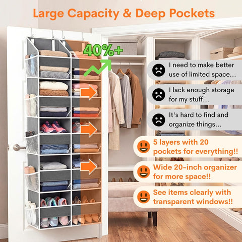 Ofiray-Home Over The Door Storage Organiser – 5-Tier, 10 Compartments, Pink Hanging Storage with 10 Side Pockets