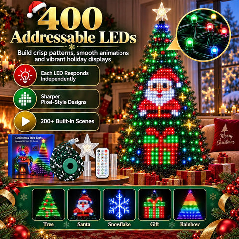 Smart Christmas Tree Lights – 400 Addressable Multicolour LEDs with App & Remote Control, 200+ Effects, USB Powered – Make Your Christmas Tree the Star of the Room