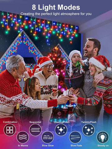 10m Icicle Lights, 320 LED Outdoor Multicolour Christmas Lights – Remote Control, Timer & IP65 Waterproof - Turn Your Roofline Into a Festive Glow