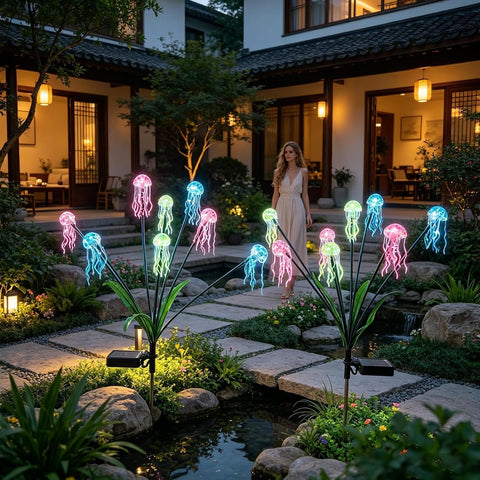 Garden Solar Lights, Jellyfish Design Waterproof Pathway Lighting Outdoor Solar Powered Yard Lights For Patio Fence Deck Porch Backyard Lawn Garden Decoration, Festive Ambient Landscape Lighting
