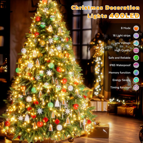 400 LED Waterfall Christmas Tree Lights – Warm White, 2.5m × 16 Strands – UK