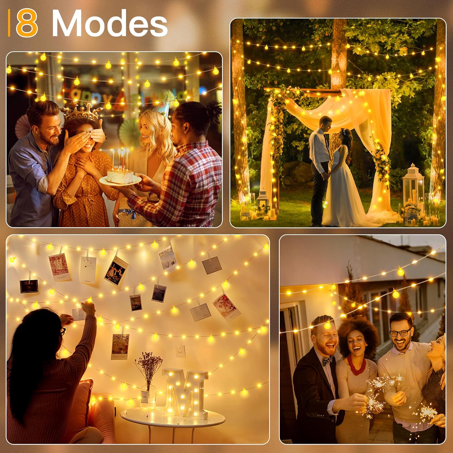 Collage of people enjoying various activities with string lights in different settings.