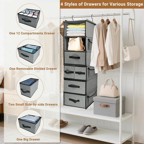 6-Tier Hanging Wardrobe Organiser with 5 Removable Drawers & 3 Side Pockets – Heavy-Duty Fabric Storage Shelves