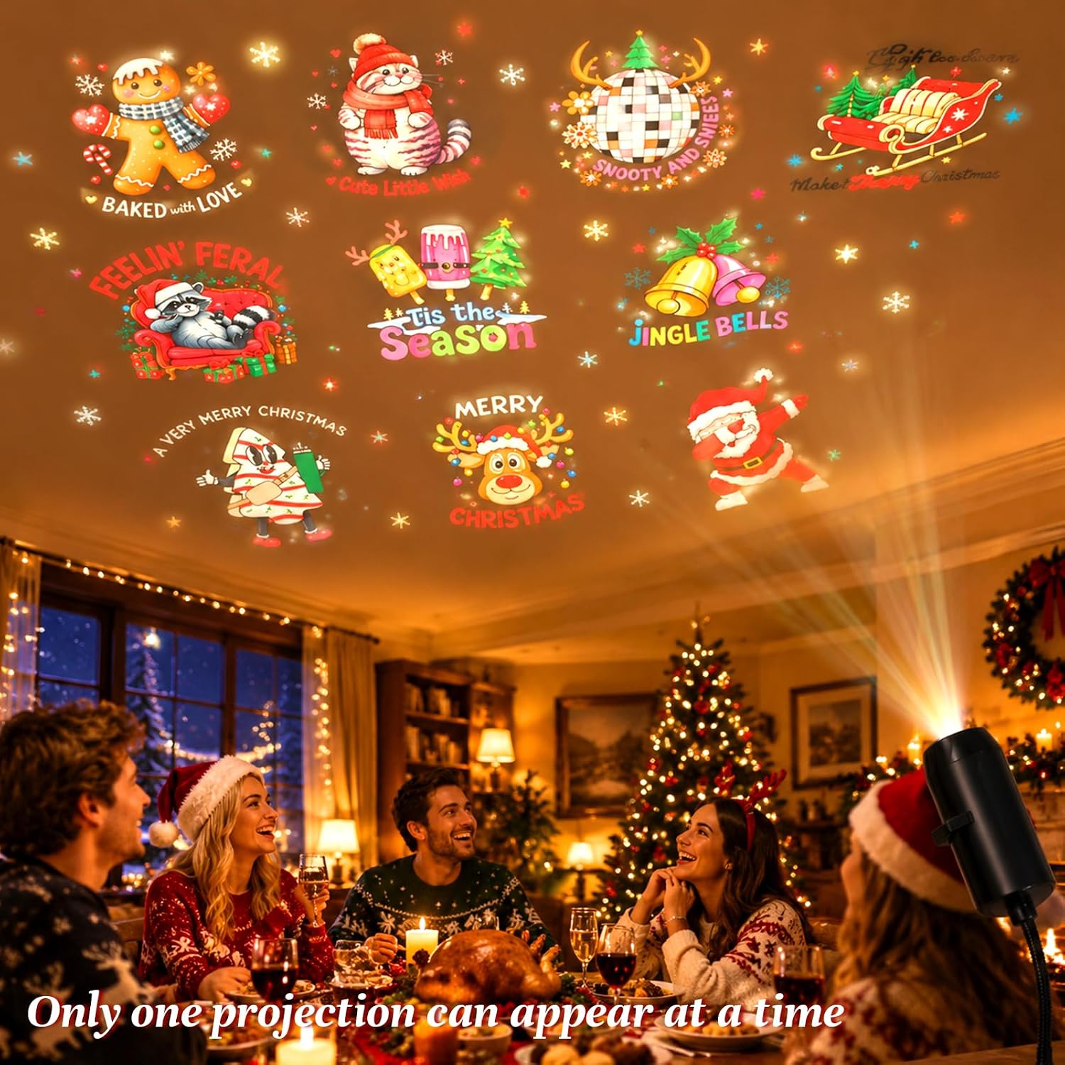 HD 5D Holographic Christmas Night Light Projector – USB 360° Rotating Christmas Projector Light with 10 HD Festive Slides for Bedroom, Living Room & Car