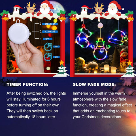 Christmas LED Window Lights Set, 3 Pack Multicolour Santa Hat, Snowman & Stocking with Suction Cups | Battery Operated Lights with Timer & Slow Fade Mode for Christmas Decoration